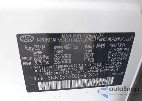 2020 Hyundai Santa Fe Sel из США, поврежденный, VIN 5NMS33AD5LH163900